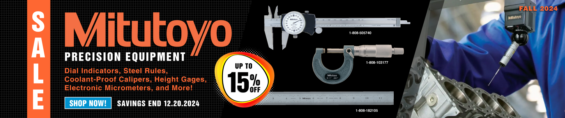 Mitutoyo precision tools including micrometers, calipers, dial indicators, and more on sale