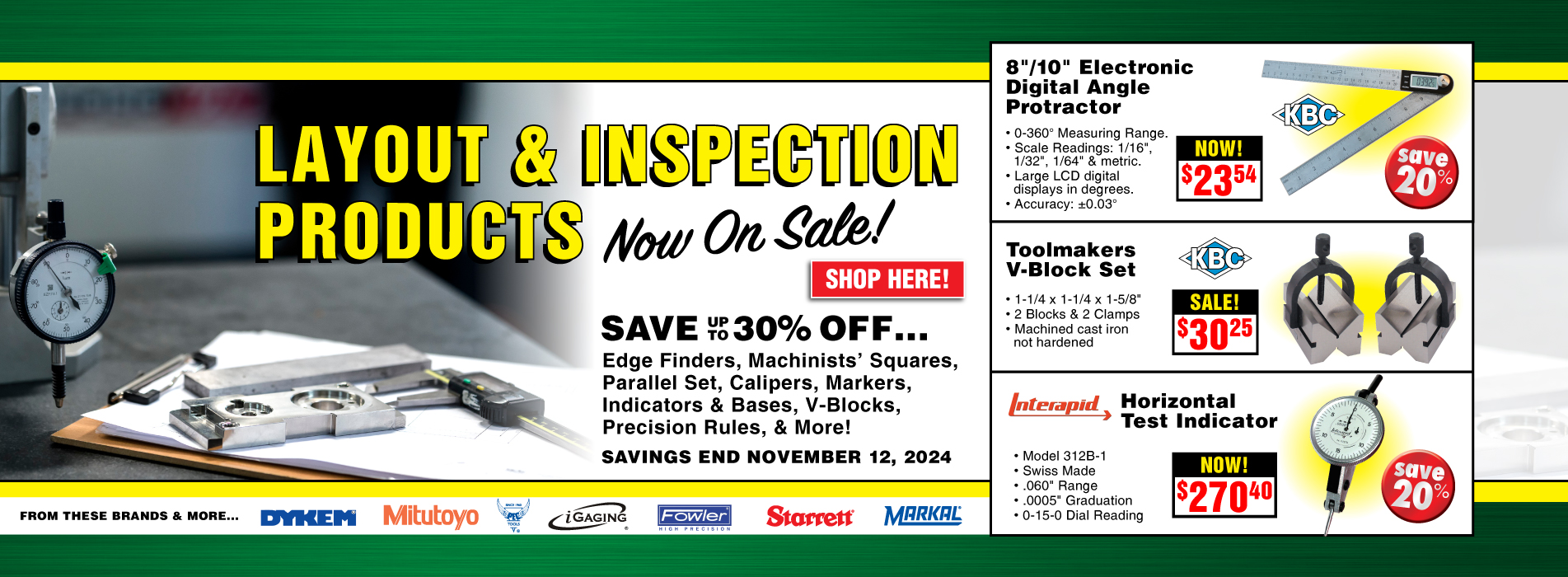 Tools for Layout and Inspection: Calipers, Indicators, Machinists' Squares, and More – Up to 30% Off